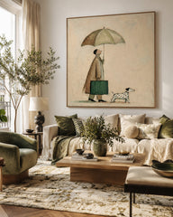 Man And Dog With Umbrella Painting For Cozy Home Decor