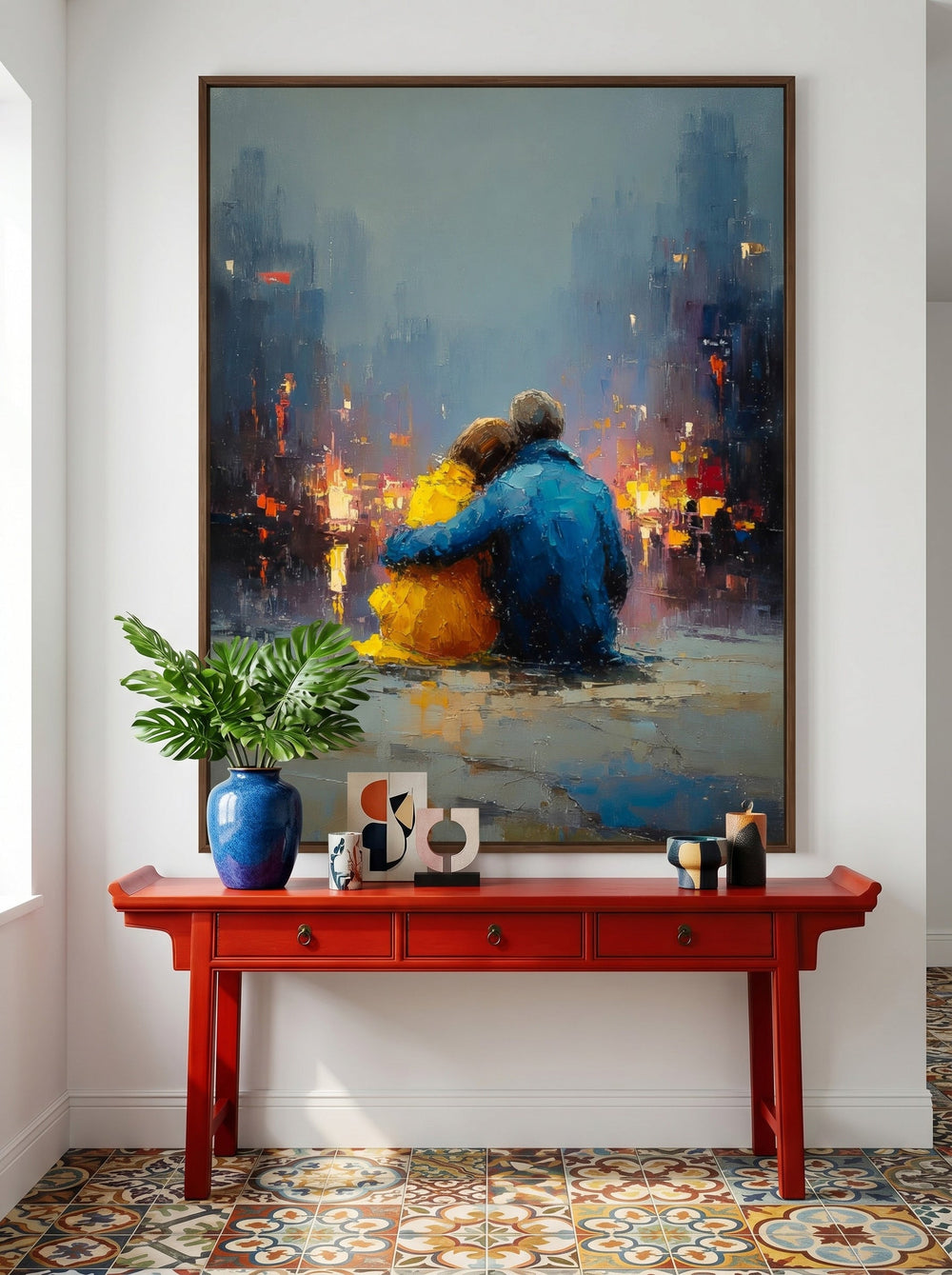 Romantic Couple Painting City View Modern Oil Art For Living Room Decor