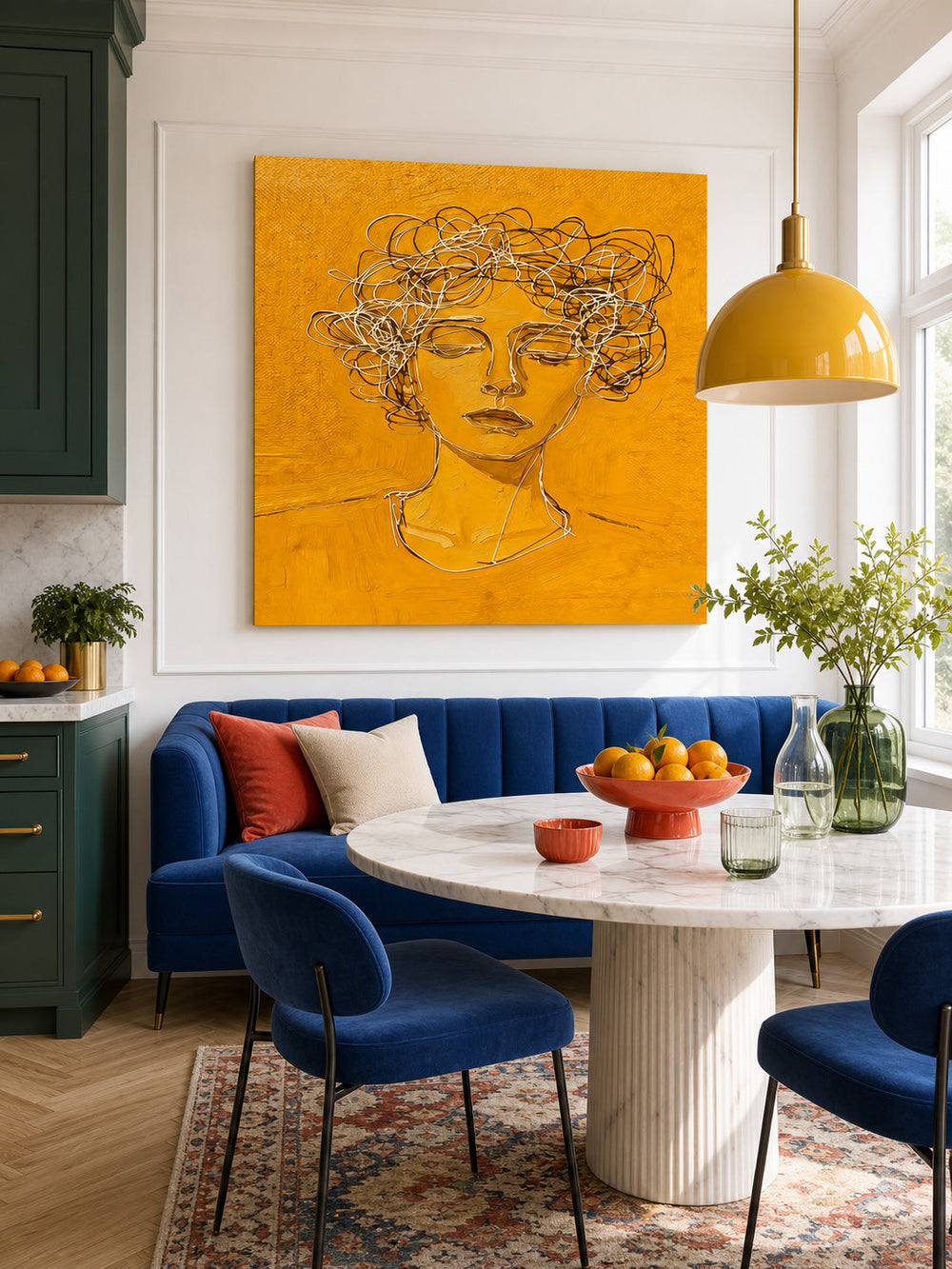 Modern Minimalist Face Line Art Painting With Golden Hue For Contemporary Home Decor
