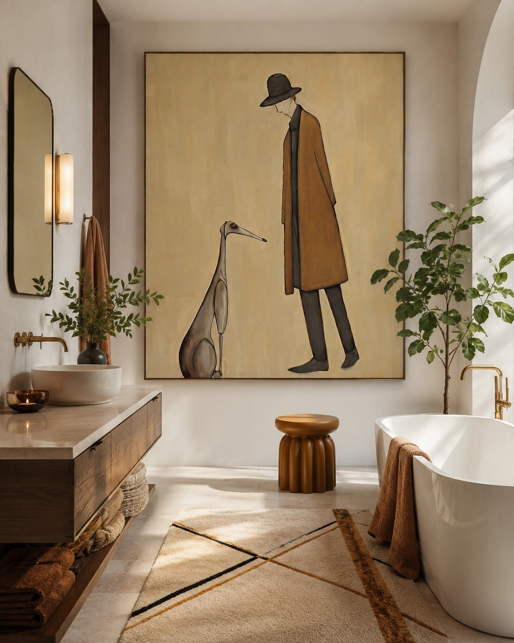 Modern Minimalist Painting Of Man With Dog For Living Room Decor