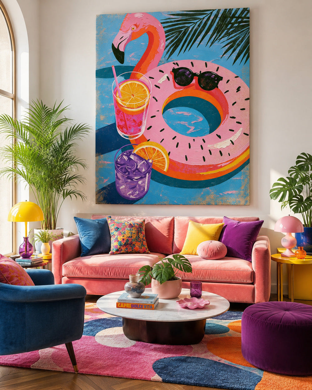 Whimsical Tropical Cocktail And Flamingo Float Canvas Art For Bright Sunroom Wall Decor
