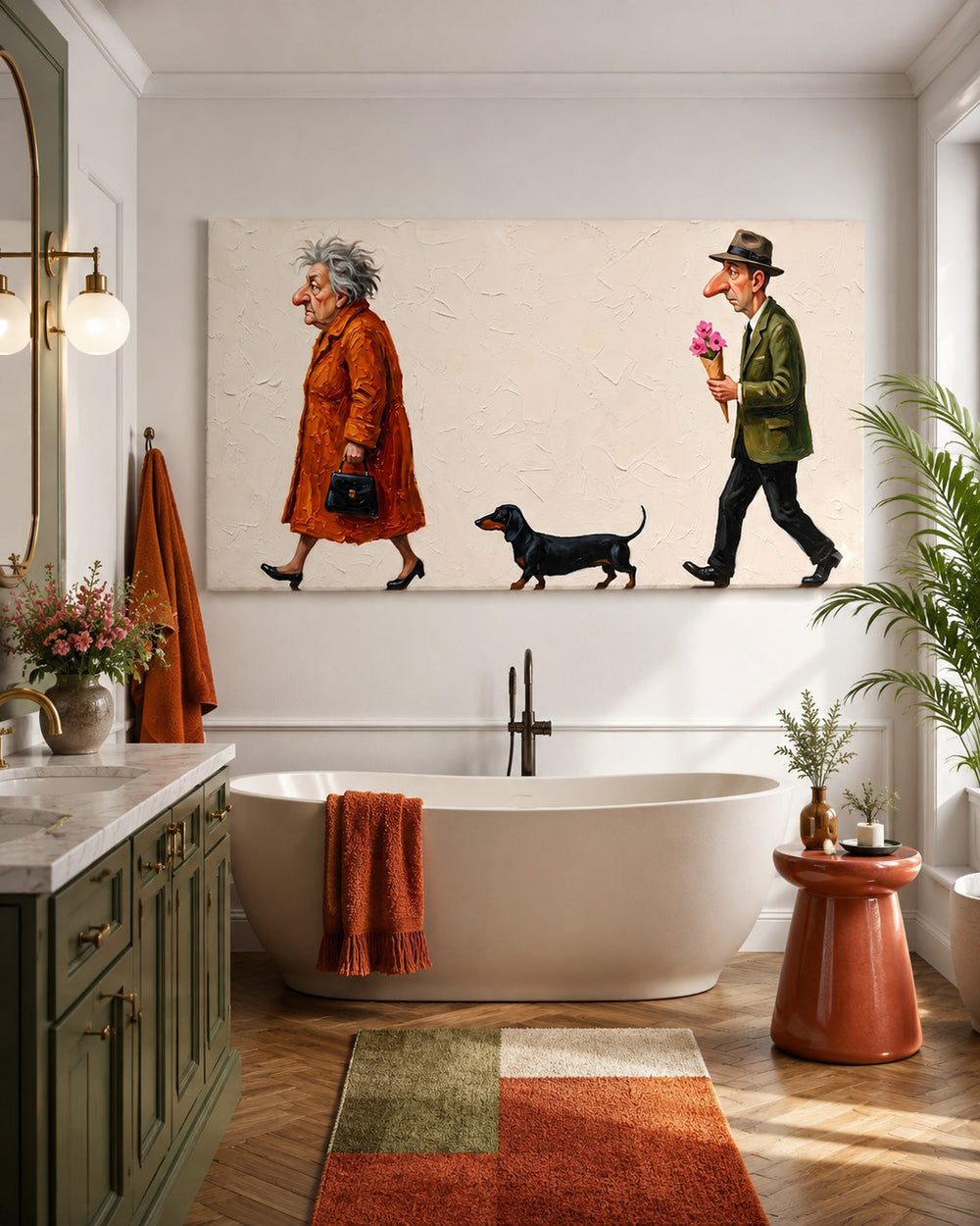Whimsical Oil Painting Of Couple With Dog For Retro Living Room Decor