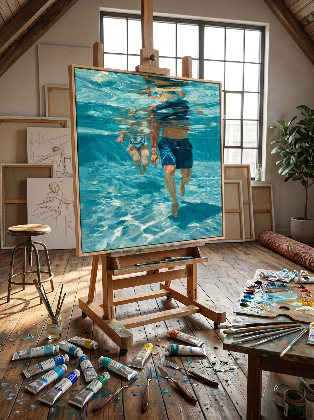 Underwater Swimming Art For Modern Coastal Living Room Decor With Blue Tones
