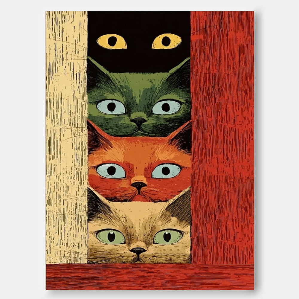 Retro Illustrative Cat Painting Textured Canvas Art With Bold Colors For Unique Wall Decor