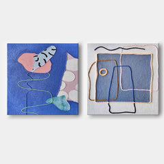 Set of 2 Large Abstract Modern Blue Square Original Oil Paintings On Canvas Graffiti Texture Wall Art Living Room Decor