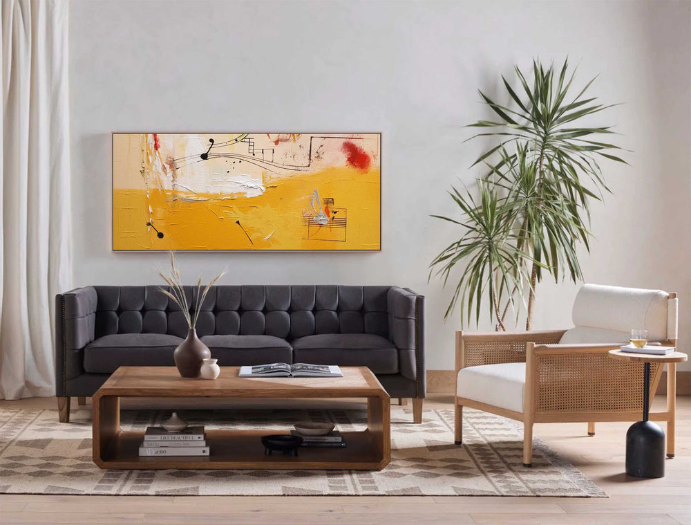 Vibrant Yellow Acrylic Painting Large Modern Abstract Musical Notes Wall Art Original Oil Painting On Canvas for Living Room
