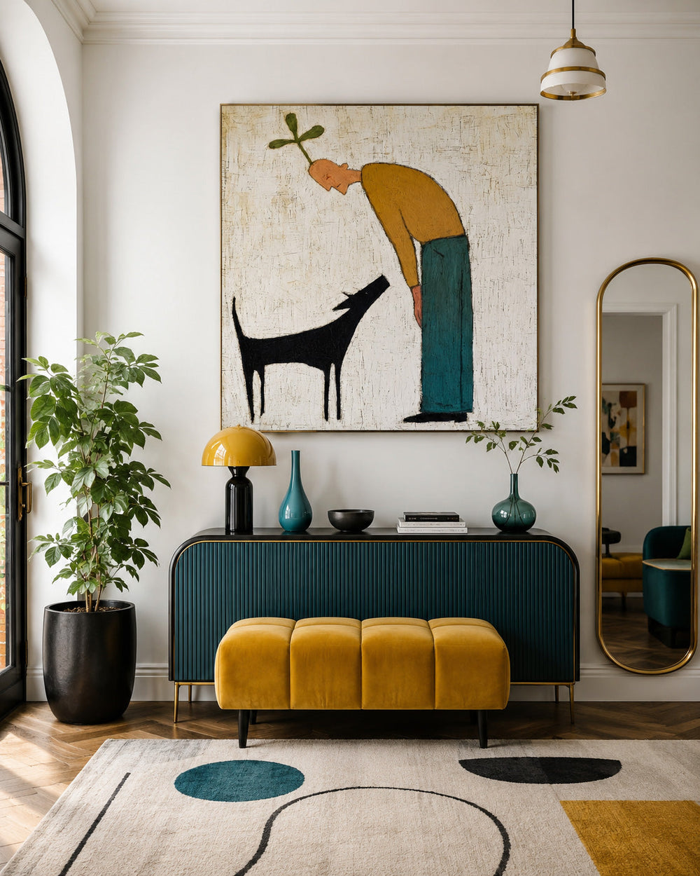 Whimsical Man And Dog Painting Minimalist Square Canvas Art For Modern Living Room Decor