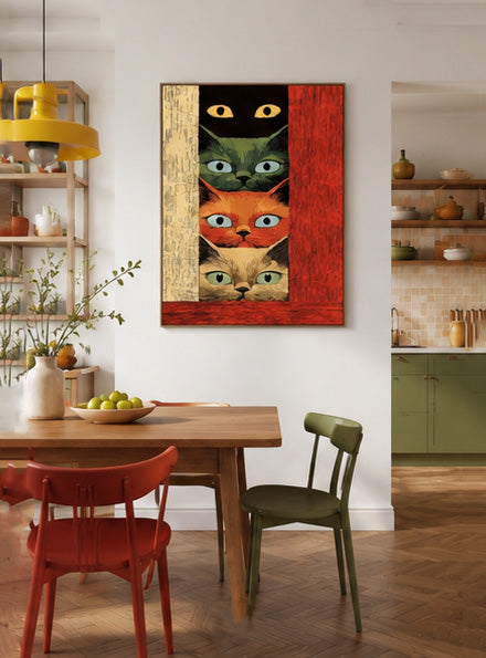 Retro Illustrative Cat Painting Textured Canvas Art With Bold Colors For Unique Wall Decor