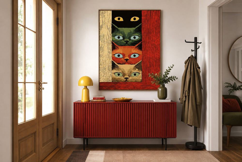 Retro Illustrative Cat Painting Textured Canvas Art With Bold Colors For Unique Wall Decor