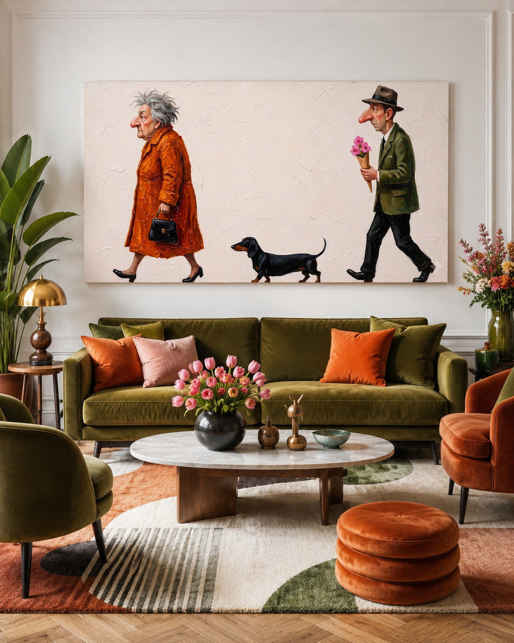 Whimsical Oil Painting Of Couple With Dog For Retro Living Room Decor