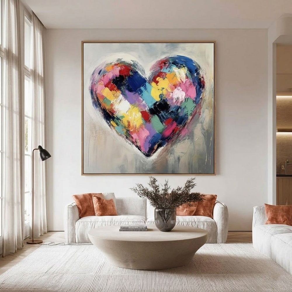 Textured Canvas Art With Geometric Heart Design Original Oil Painting