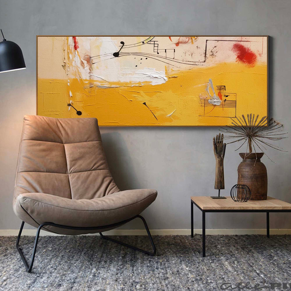 Vibrant Yellow Acrylic Painting Large Modern Abstract Musical Notes Wall Art Original Oil Painting On Canvas for Living Room