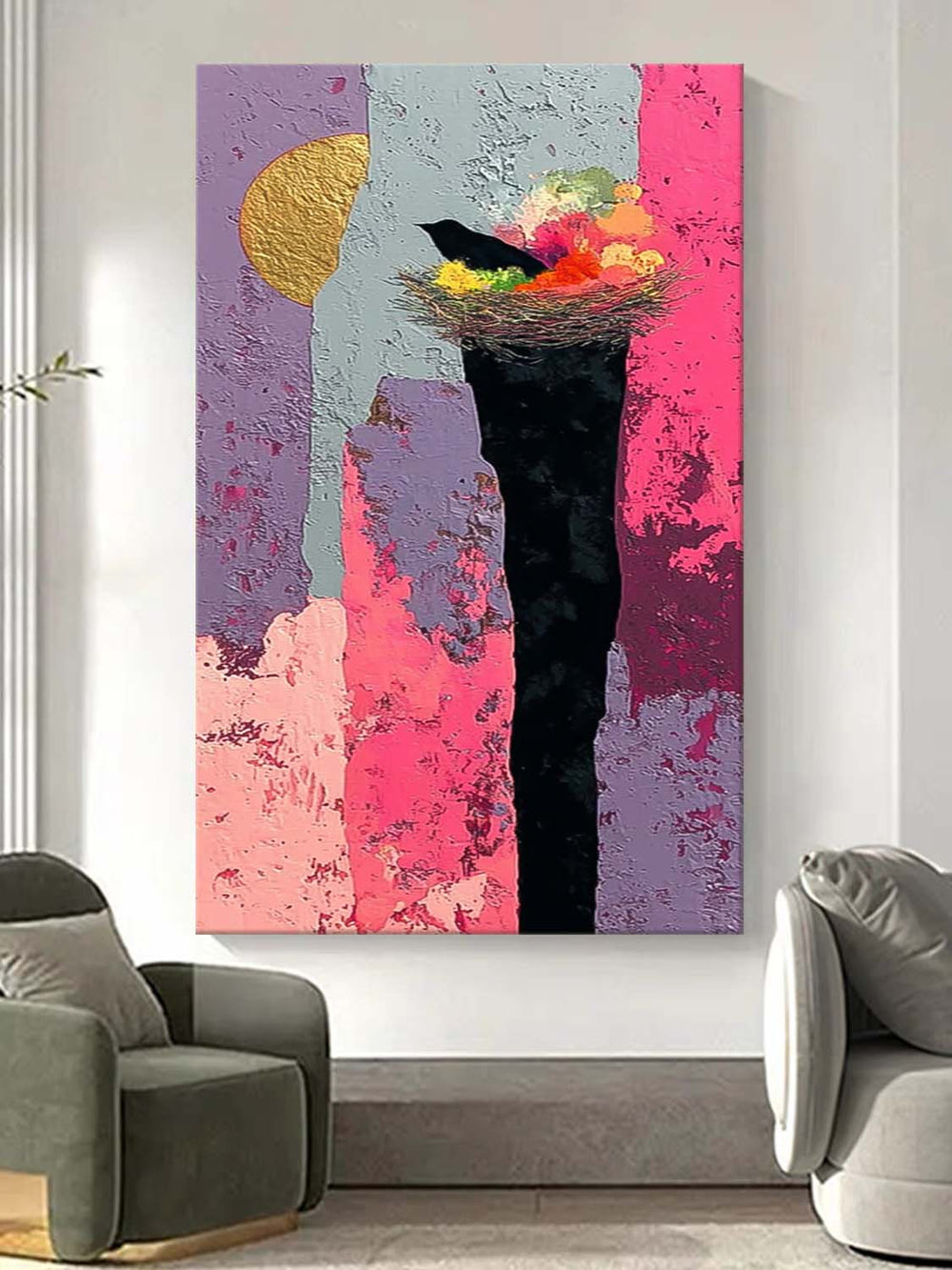 Large Abstract Bird's Nest And Contrasting Background Oil Painting Original Nature Wall Art Home Decor