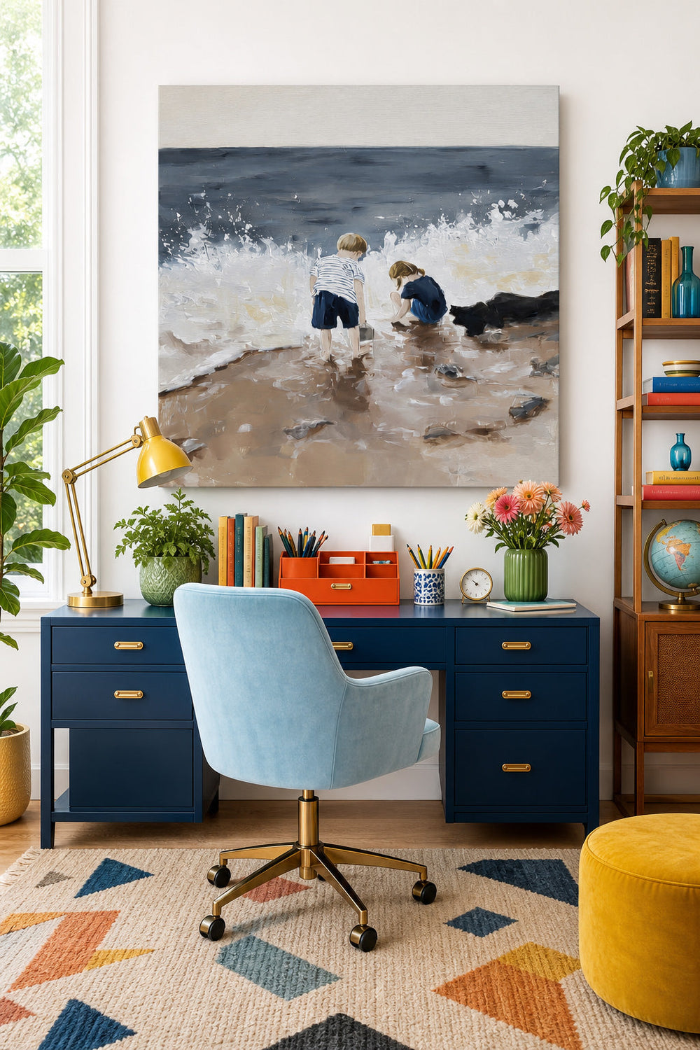 Children Playing At Beach Square Oil Painting For Living Room Decor With Textured Waves And Sand