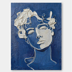 Modern Blue White Plaster Line Art Portrait Painting For Living Room Wall Decor