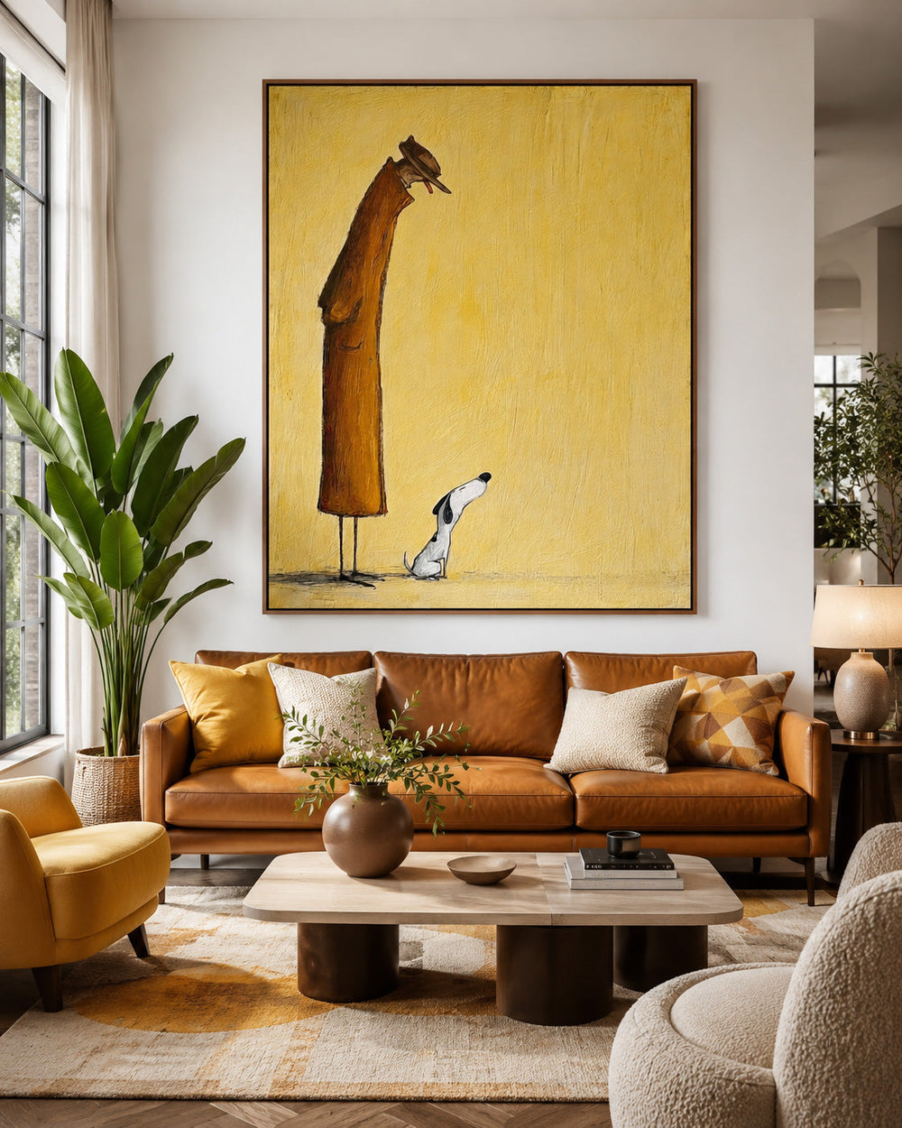 Modern Minimalist Figure Painting With Dog Beige Abstract Canvas Art Print