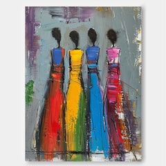 Colorful Four Women Silhouettes Painting Original Modern Wall Art Big Multicolor Girl Painting Framed