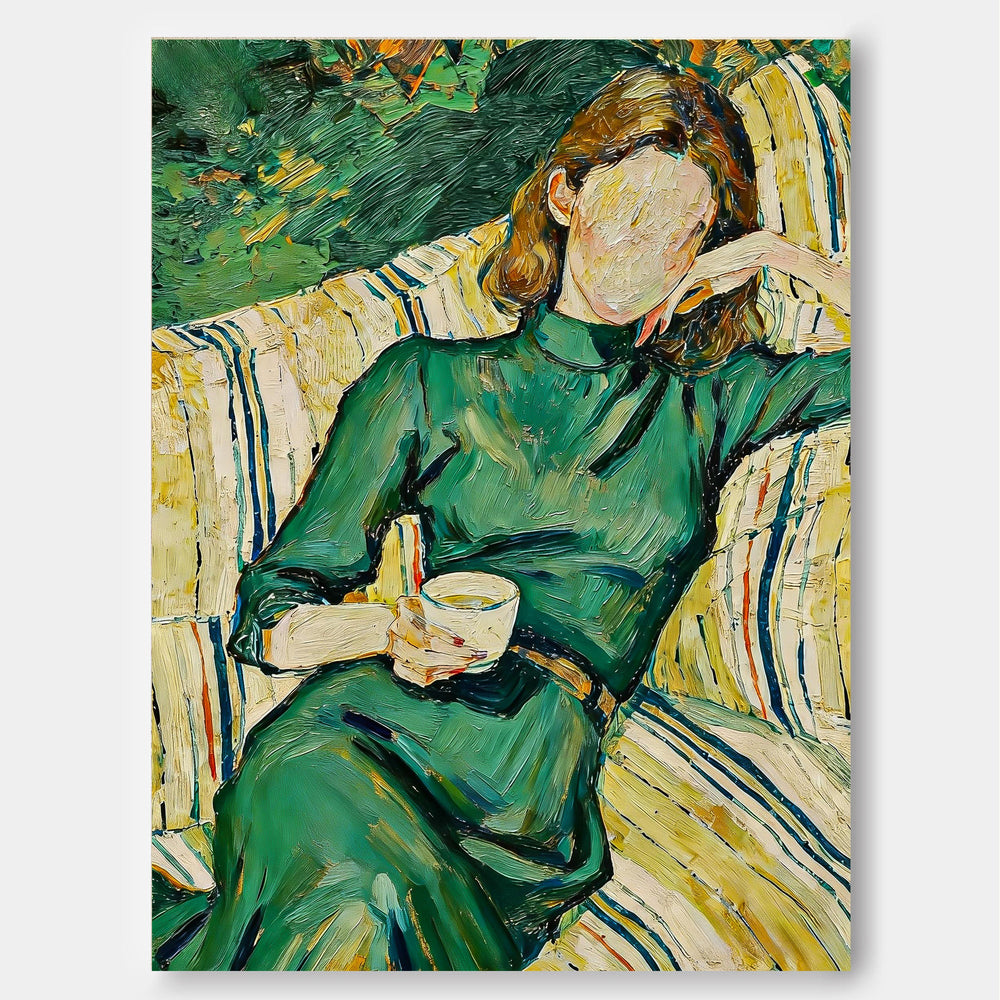 Emerald Green Impressionist Painting Faceless Woman In Dress Canvas Art Heavy Textured Wall Decor for Living Room 
