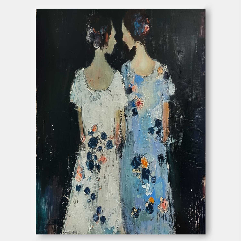 Original Portrait Wall Art Abstract Sisters Oil Painting Canvas Minimalism Figure Acrylic Painting Gift