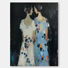 Original Portrait Wall Art Abstract Sisters Oil Painting Canvas Minimalism Figure Acrylic Painting Gift
