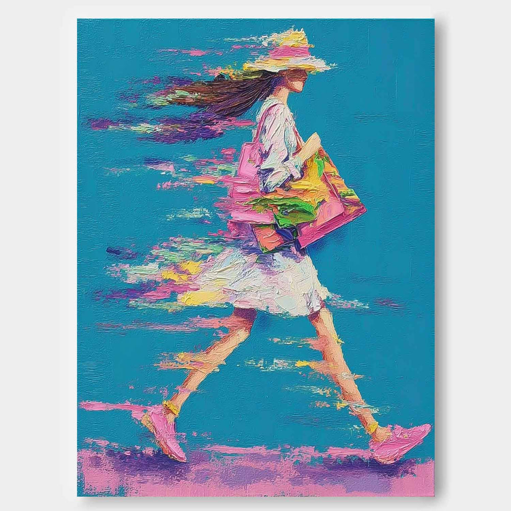 Bright Colorful Modern Impasto Oil Painting Walking Woman Art Textured Canvas Of Woman Impressionist Painting