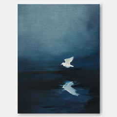 Large Blue Lake Surface Wall Art Minimalist Pigeon Abstract Canvas Oil Painting Original Hand-Painted Artwork