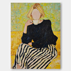 Faceless Blonde Woman Art Modern Yellow & Black Impressionist Oil Painting Abstract Female Portrait Artwork