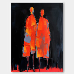 Big Contour Acrylic Painting Warm Color Original Abstract Wall Art Character Outline Painting Framed Artwork