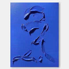 Blue Minimalist Canvas Oil Painting Big Abstract People Silhouette Acrylic Painting Original Artwork Home Decor