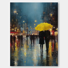 Rainy Street Oil Painting Style for Romantic Red Umbrella Couple Canvas Wall Art Modern Room Decor