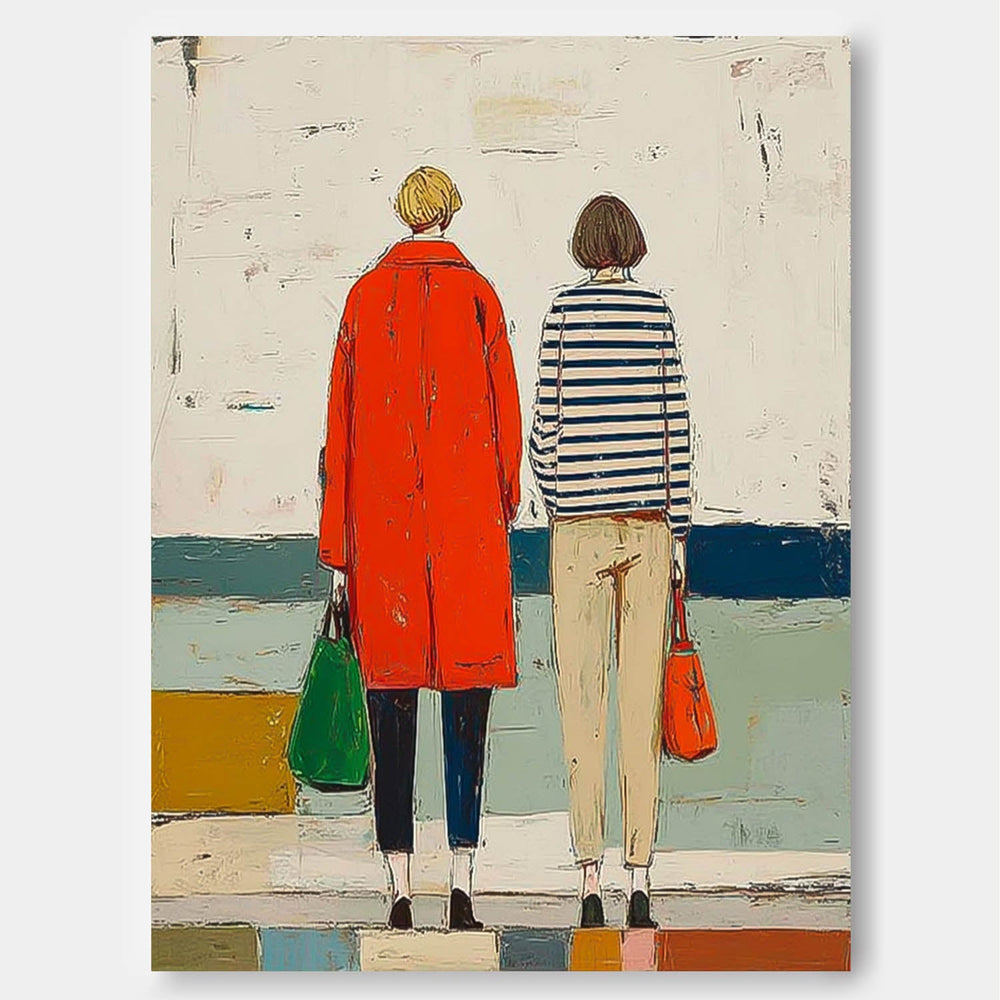 Stylized Figure Oil Paintings Contemporary Bold Fashion Wall Art Textured Abstract Couple Artwork