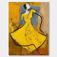 Large Dancing Woman Painting Framed Original Lady Wall Art Abstract Yellow Dress Artwork Home Decor