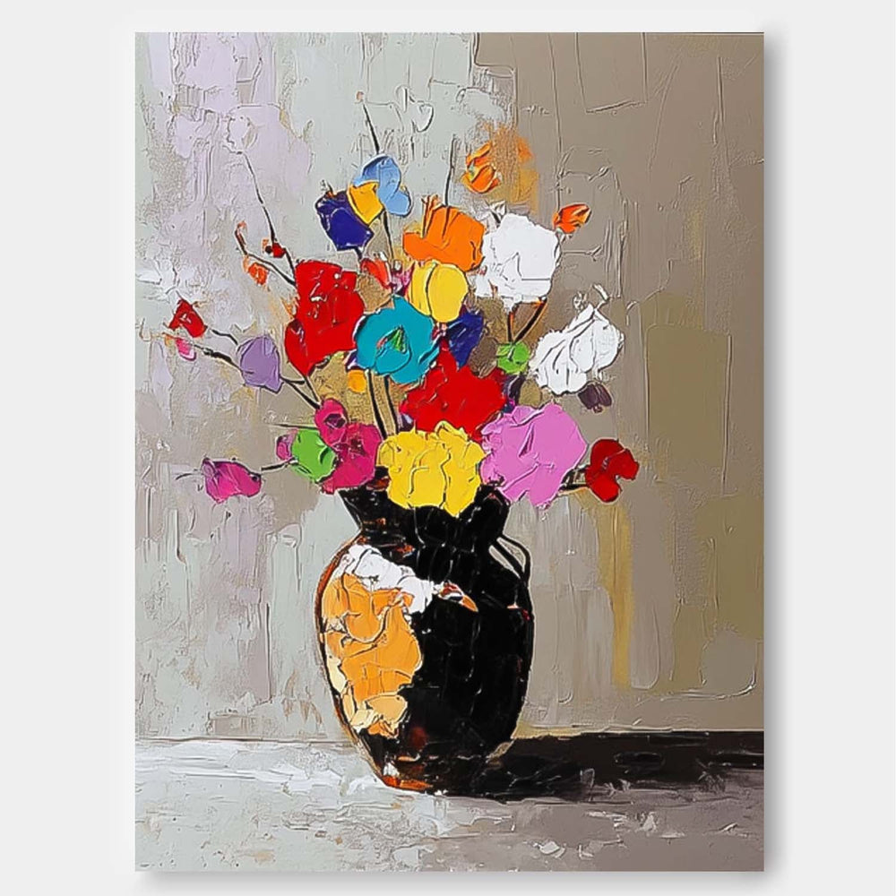 Color Flowers Acrylic Painting Canvas Original Floral Painting Large Textured Vase Art For Living Room