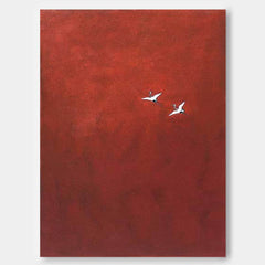Large Red Wall Art Minimalist Crane Abstract Canvas Oil Painting Original Hand-Painted Artwork