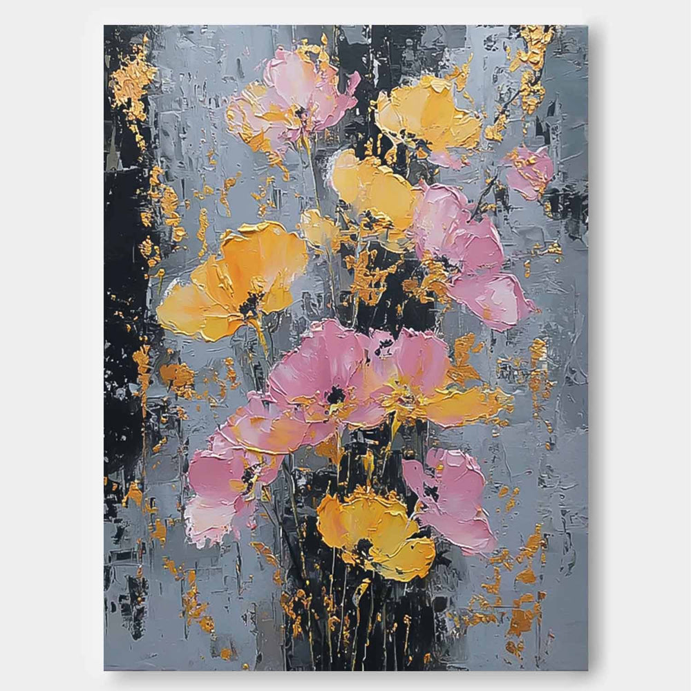 Modern Abstract Floral Oil Painting Pink & Gold Impasto Wall Art Textured Flower Palette Knife Artwork