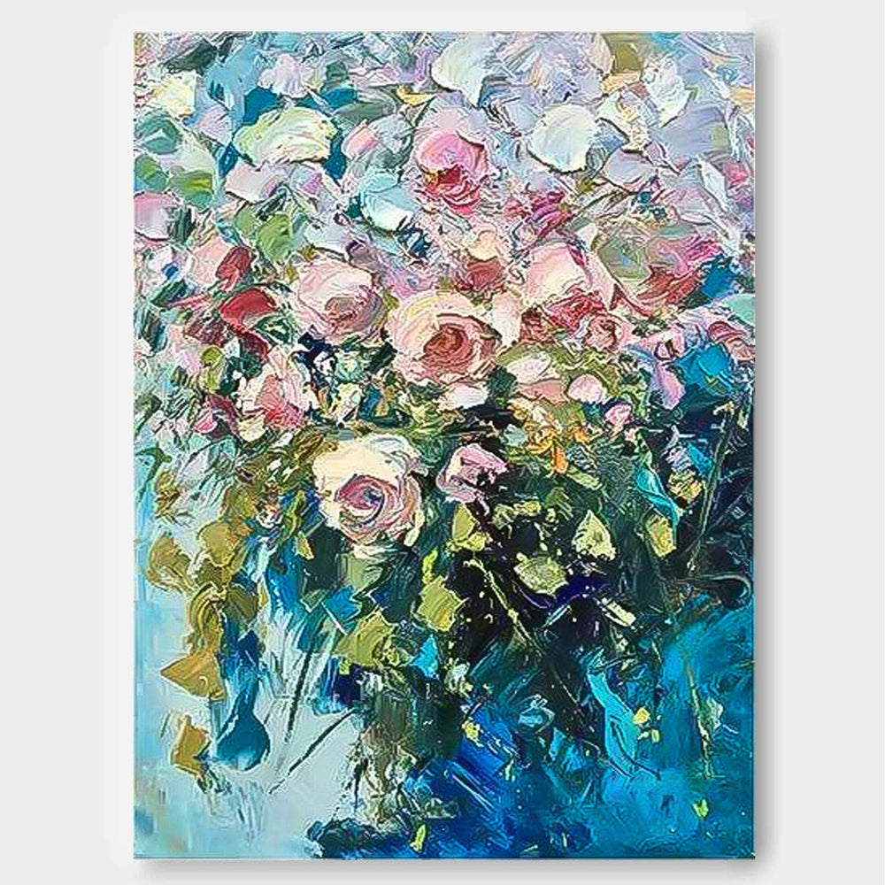 Pink Floral Abstract Acrylic Knife Painting On Canvas Contemporary Flower Wall Art Rustic Art