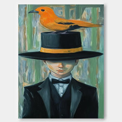 Man In A Suit With A Large Black Hat And An Orange Bird On It Wall Art  Abstract Boy Oil Painting Canvas