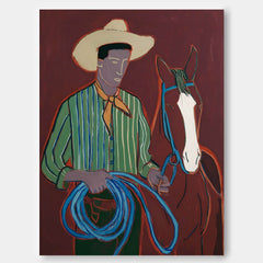 Original Vintage Western Cowboy With Horse Painting Rustic Abstract Wall Art Unique Figurative Home Decor