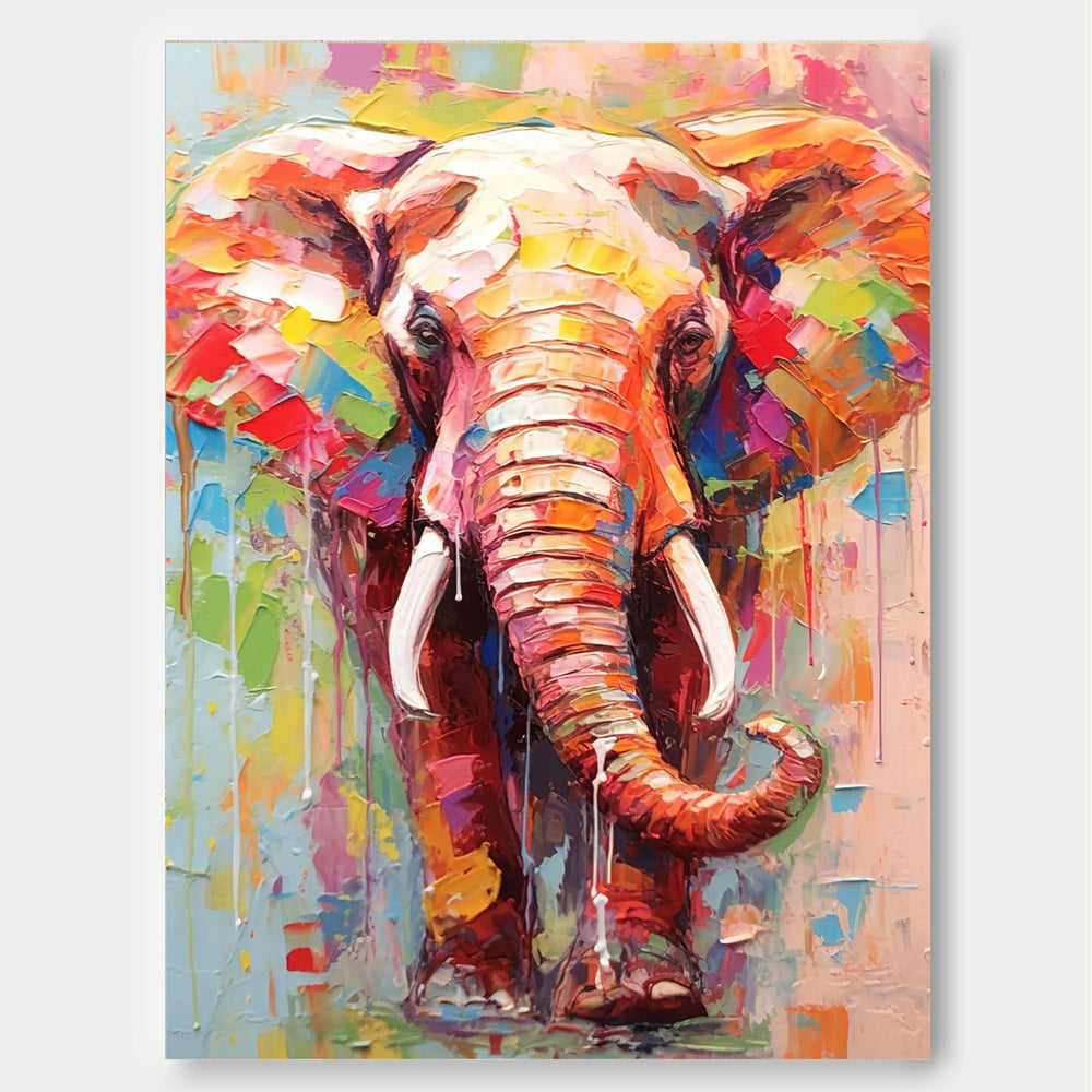 Modern Animal Oil Painting Impressionist Colorful Elephant Oil Painting Textured Canvas Wall Art Framed Living Room Decor