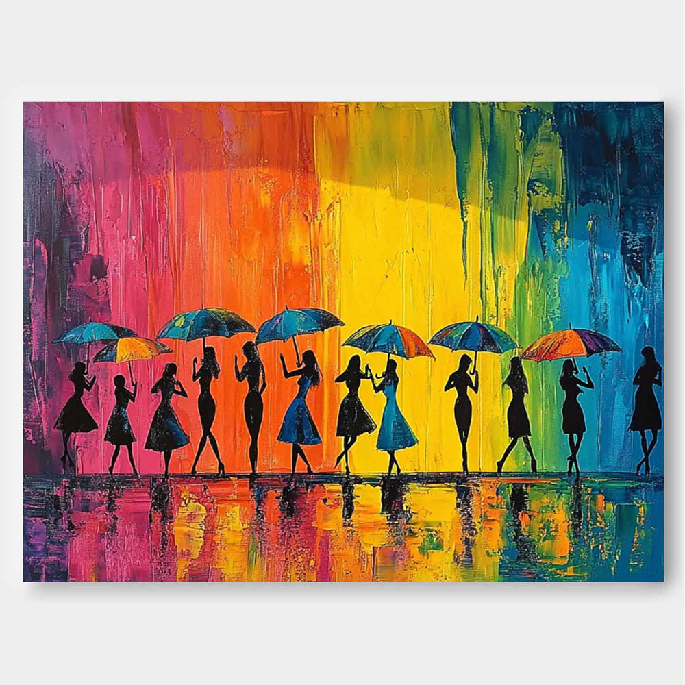 Original People Silhouette Artwork Expressive Rainy Street Modern Acrylic Painting Large Colorful Wall Art