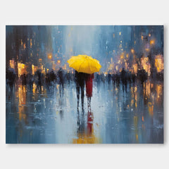 Yellow Umbrella Couple Canvas Wall Art Rainy Street Oil Painting Style for Romantic Modern Room Decor