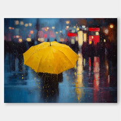 Yellow Umbrella Girl Canvas Wall Art Rainy Street Oil Painting Style for Romantic Modern Room Decor