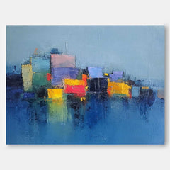 Modern Abstract Cityscape Oil Painting Large Texture Painting On Canvas Blue Wall Art Living Room Decor
