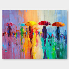 Colorful Umbrella Lady Canvas Wall Art Original Rainy Street Oil Painting Modern Artwork Home Decor