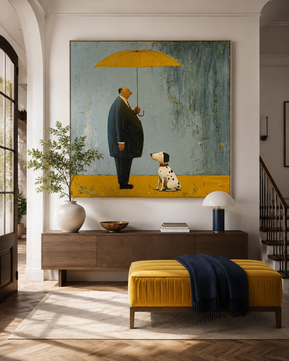 Modern Square Canvas Art Featuring A Loyal Dog And Owner In Minimalist Style