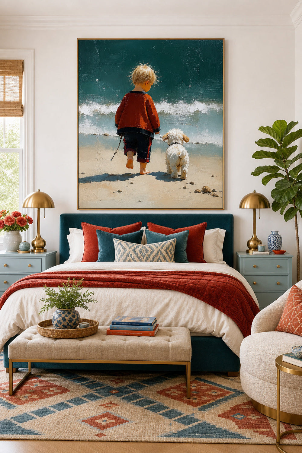 Impressionist Style Child And Dog Beach Painting Original Oil Art For Living Room Decor
