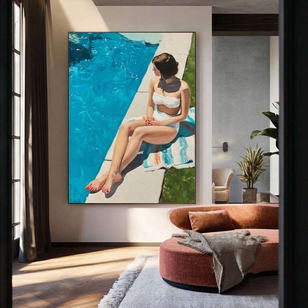Woman By The Pool Original Oil Painting For Modern Living Room Decor