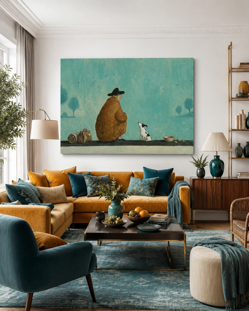 Unique Illustrative Canvas Art Featuring A Traveler And Loyal Dog