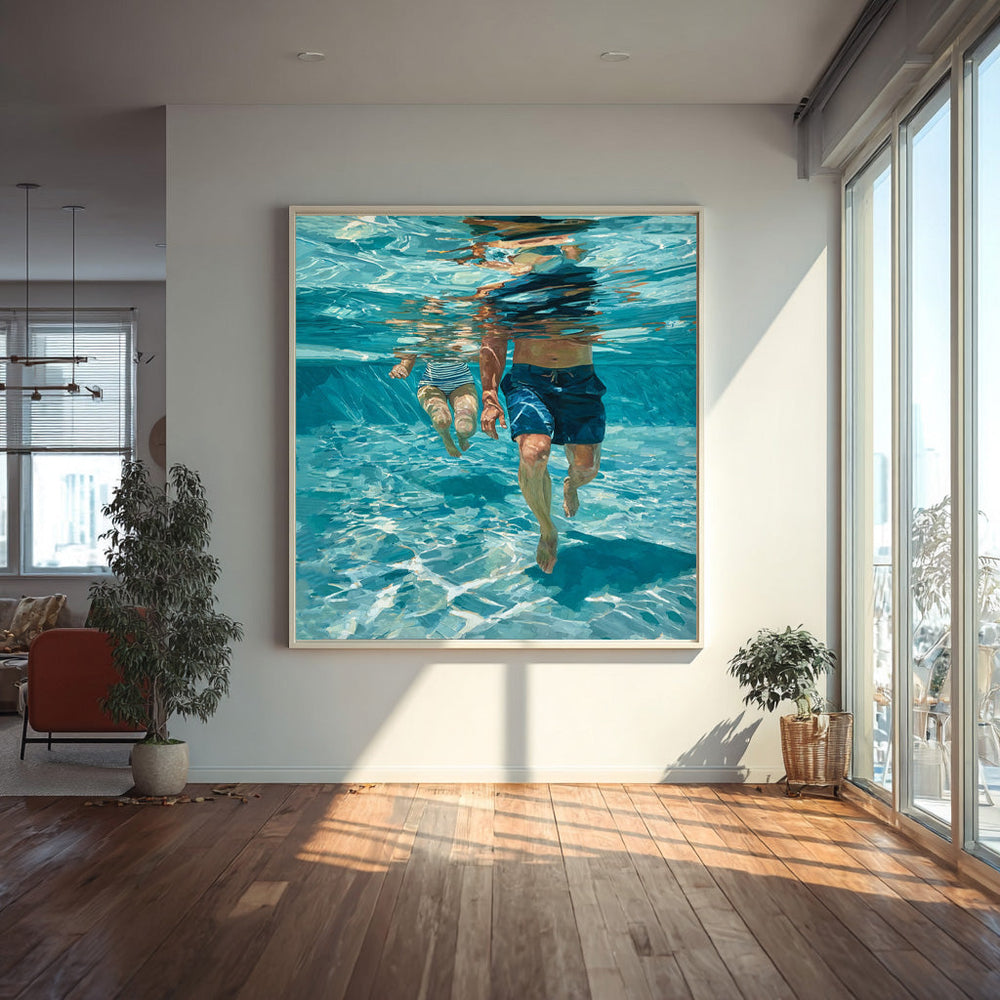 Underwater Swimming Art For Modern Coastal Living Room Decor With Blue Tones