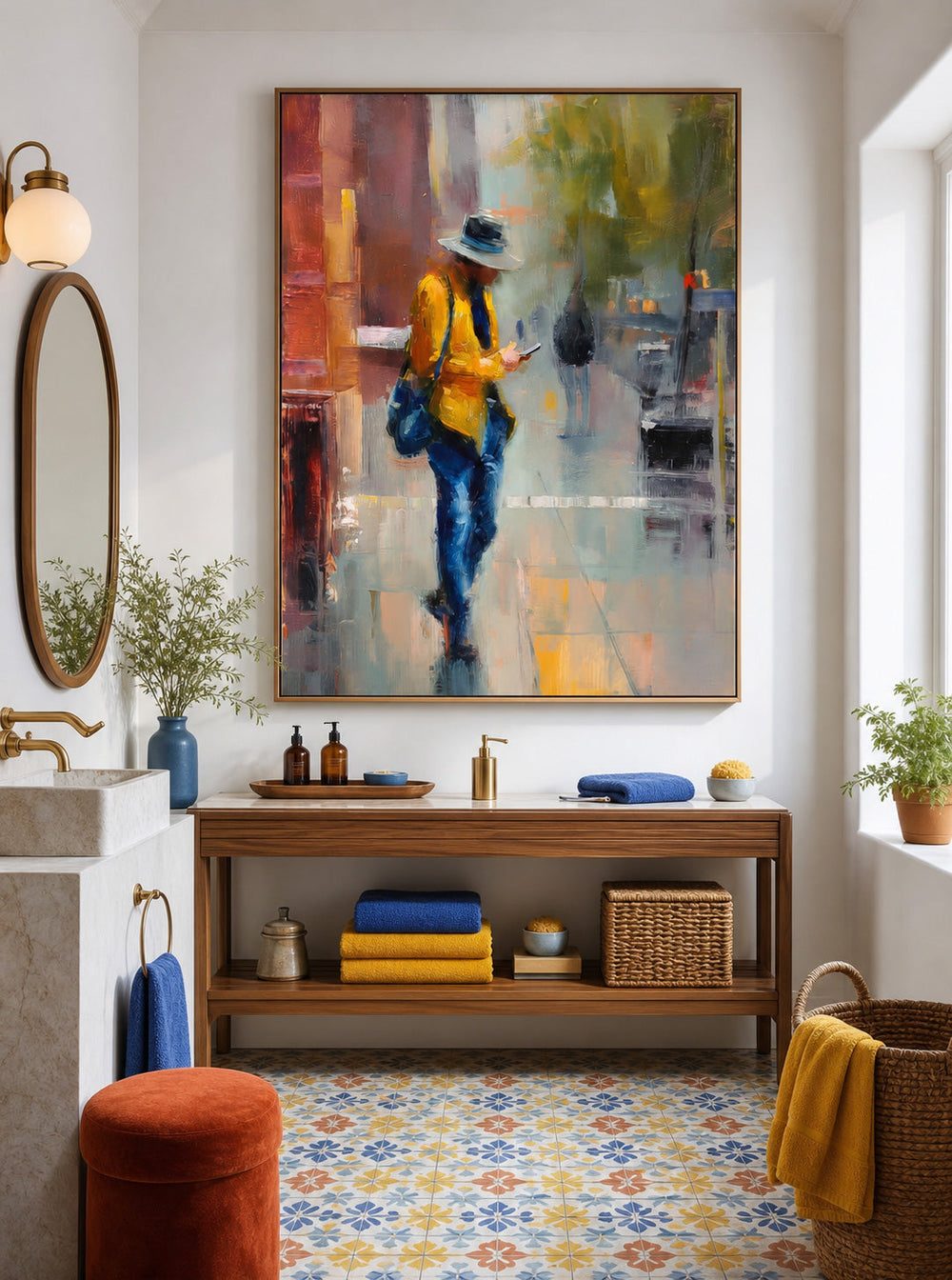 Expressive Yellow And Blue Oil Painting Of A Person In The City